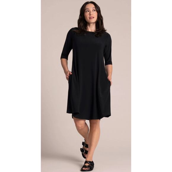 Sympli Nu Trapeze Dress Jersey Knit 3/4 Sleeve Black Sz 12 Lagenlook Minimalist - Picture 2 of 14